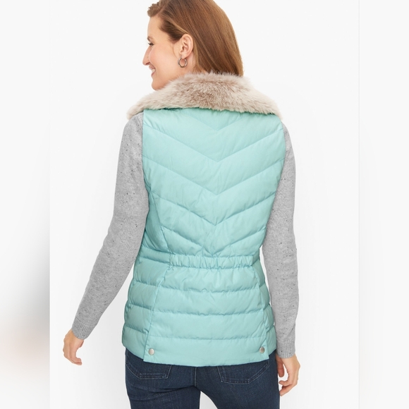 Talbots Aqua Down Puffer Vest With Removable Faux Fur Collar - Picture 2 of 7